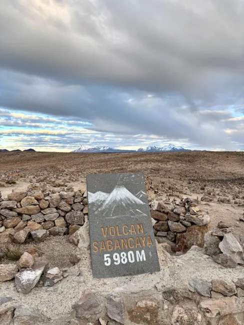 Captivating landscape view of Volcan Sabancaya at 5980 meters in Peru under dramatic skies.