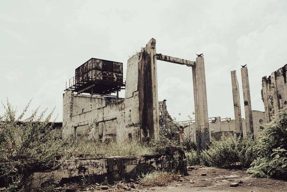 Dilapidated industrial ruins overtaken by nature, showcasing decay and urban exploration.