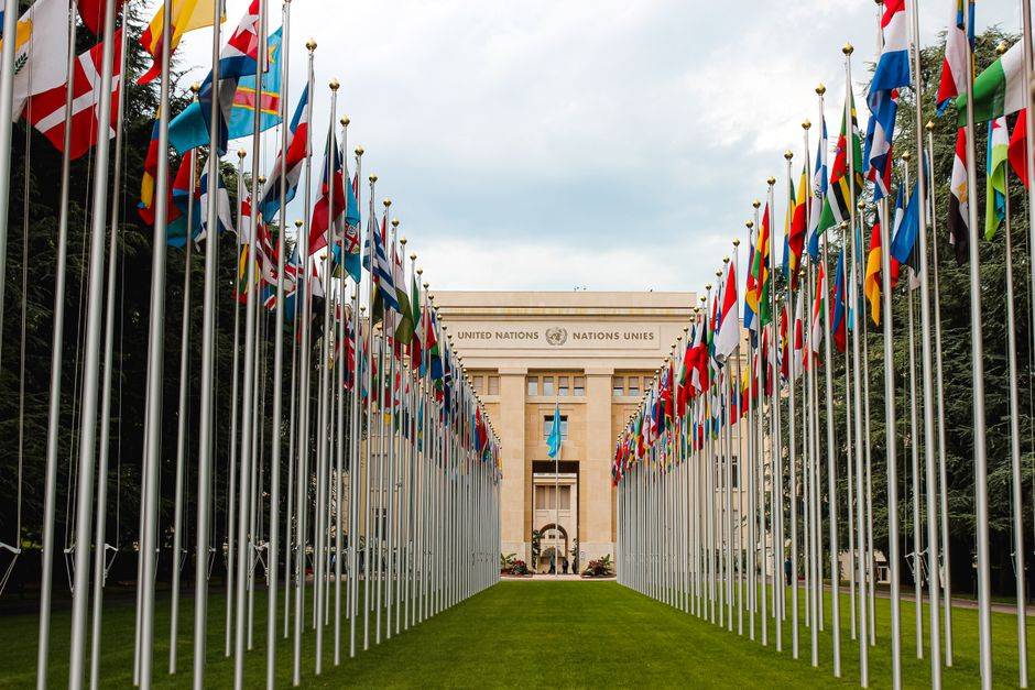 Rupture diplomatique entre l’Algérie et les Émirats : trois questions From below of various flags on flagpoles located in green park in front of entrance to the UN headquarters in Geneva