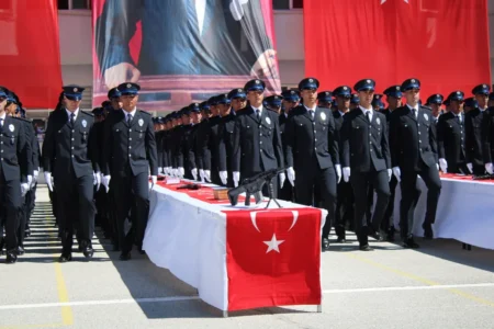 Police officers marching during a graduation ceremony in Yozgat, Turkey.