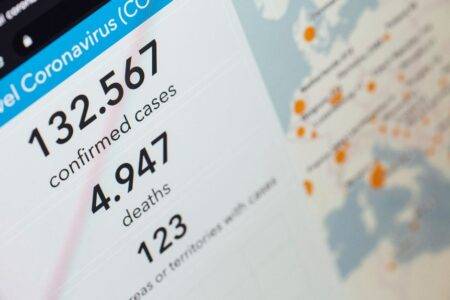 Screen displaying COVID-19 cases and deaths statistics with map.