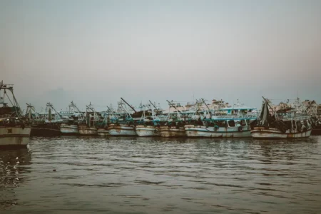 Serene scene of fishing boats docked at Ras El-Bar harbor in Egypt during twilight.